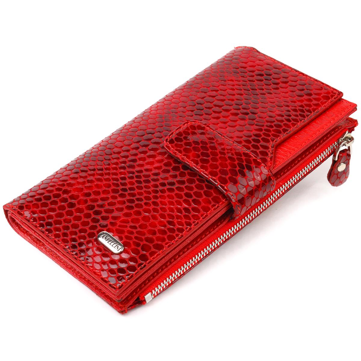 Кошелек женский из натуральной кожи Canpellini Wallet 21639 лакированный под змею Красный (55418)