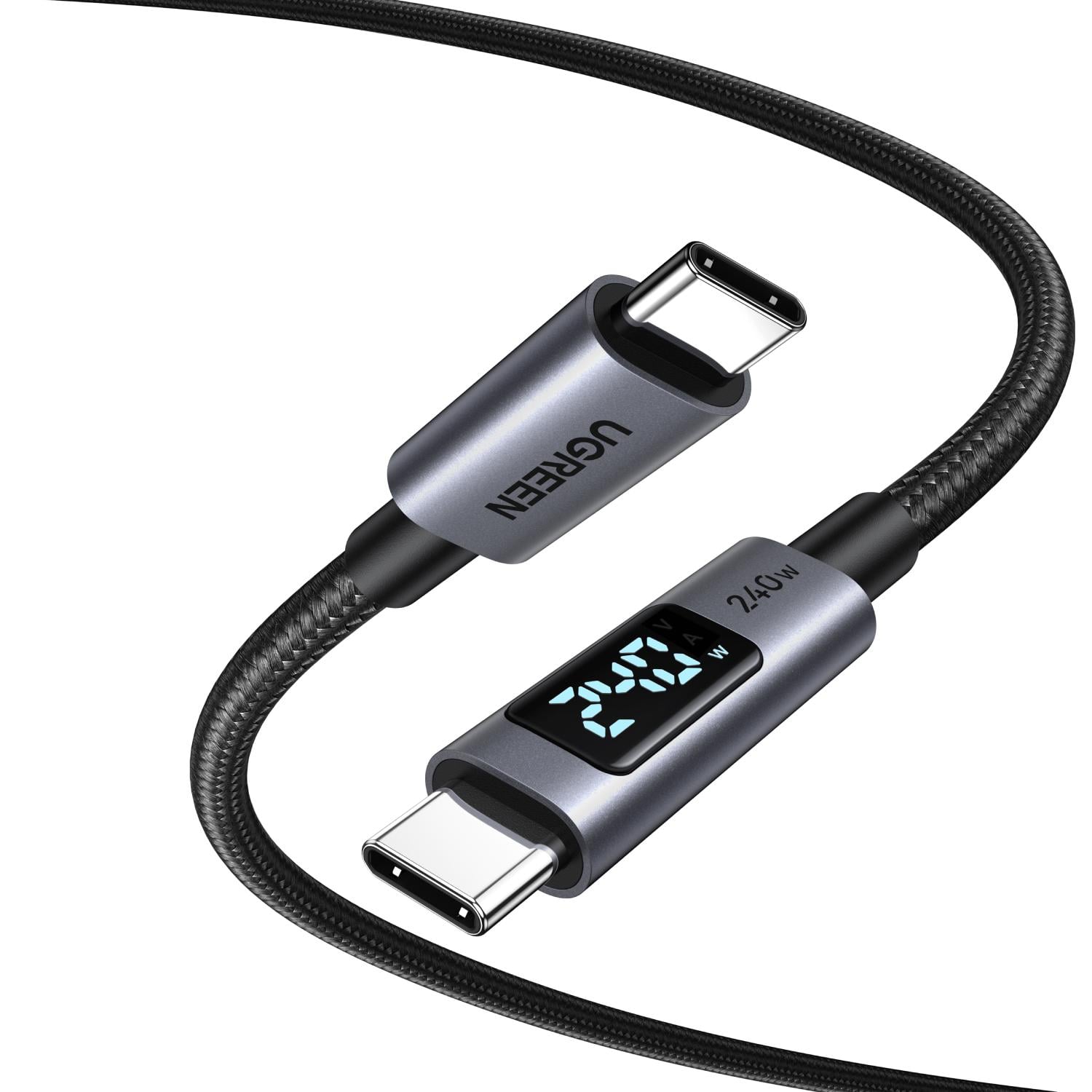 Кабель USB-C на USB-C UGREEN L530 3 м PD до 240 Вт USB 2.0 до 480 Мбит/с LED-дисплей Вт/А/В без видеовыхода в оплетке Черный (65868)