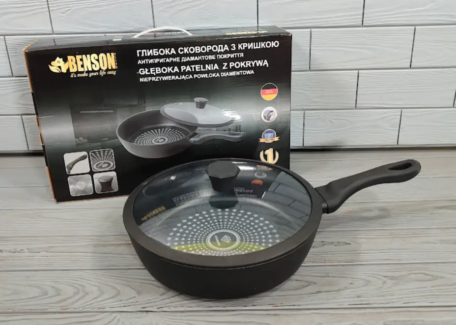 Сковорода глибока з кришкою Benson BN-449 26 см 3,1 л індукційне дно/алмазне антипригарне покриття (ML-05240) - фото 10 Сковорода глибока з кришкою Benson BN-449 26 см 3,1 л індукційне дно/алмазне антипригарне покриття (ML-05240) - фото 10