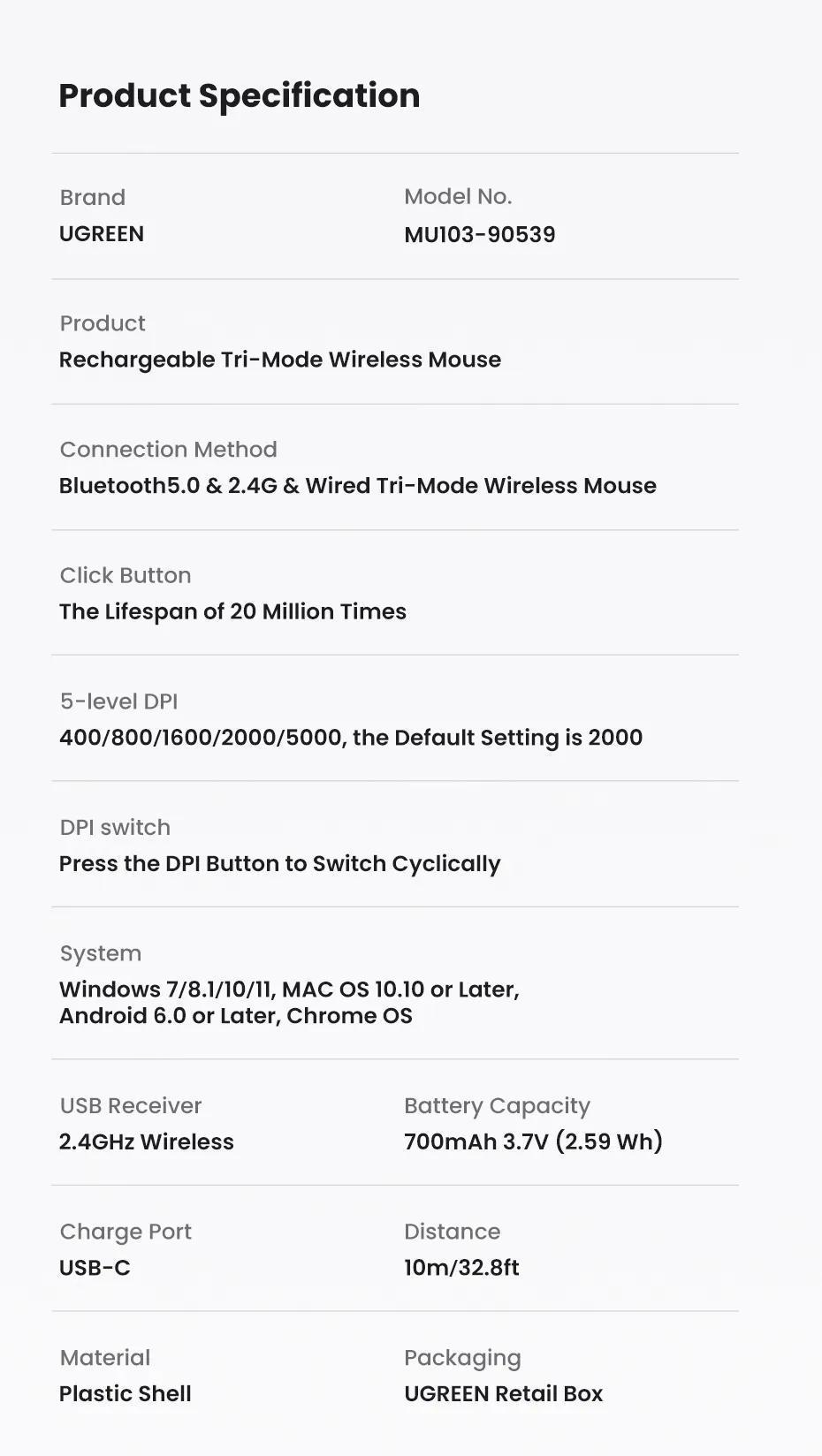 Мышка беспроводная UGREEN Bluetooth 5.0/2.4G с USB-приемником 5000 DPI 6 програ мм ируемых Черный (90539) - фото 8 Мышка беспроводная UGREEN Bluetooth 5.0/2.4G с USB-приемником 5000 DPI 6 програ мм ируемых Черный (90539) - фото 8