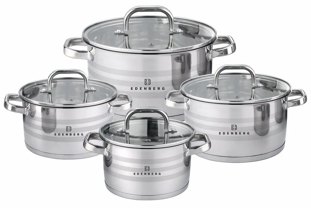 Набор посуды Edenberg EB-3742 из нержавеющей стали 8 предметов капсульное дно кастрюли со стеклянными крышками (LO-05850)