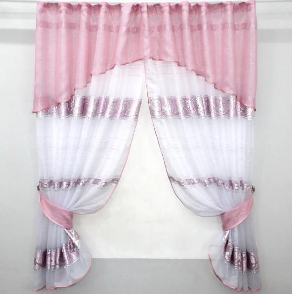 Шторки на кухню с ламбрекеном 270х170 см Розовый/Белый (084к)