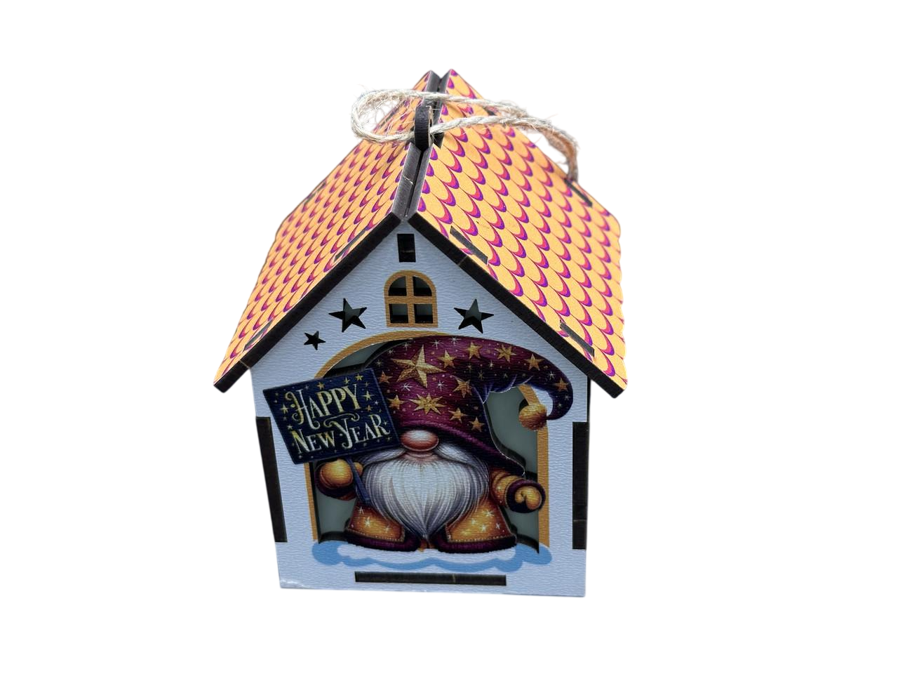 Іграшка ялинкова новорічна Будиночок із підсвічуванням із фанери 100х75х55 мм Помаранчевий із білим (NR-121)