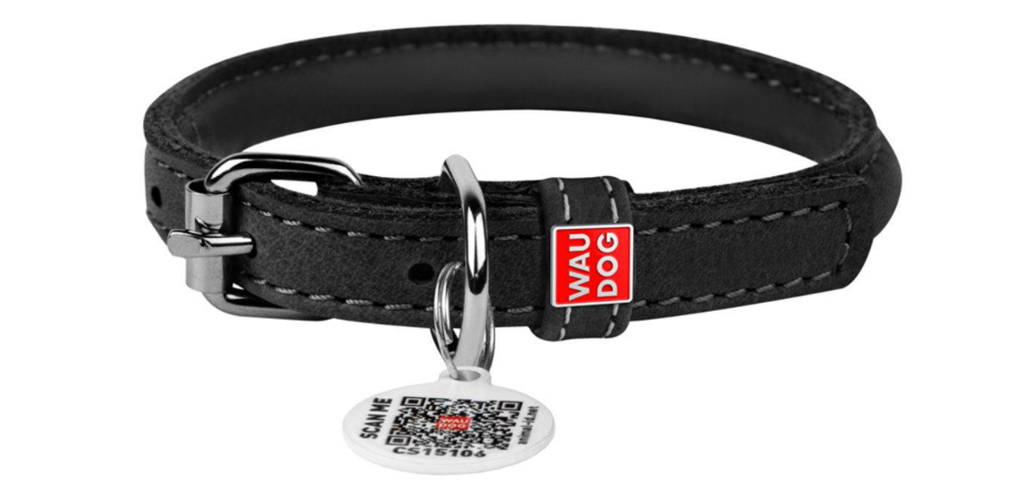 Ошейник для собак кожаный Waudog Soft круглый с QR паспортом х 13 мм х 45-53 см Черный (02501 Col)