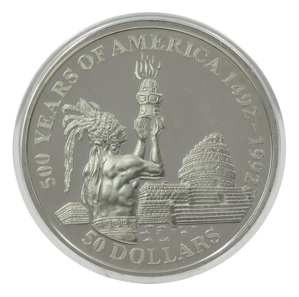 Коллекционная монета Острова Кука 50 долларов 1991 серебро Proof 500 лет Открытие Америки-Жрец майя (М22606)