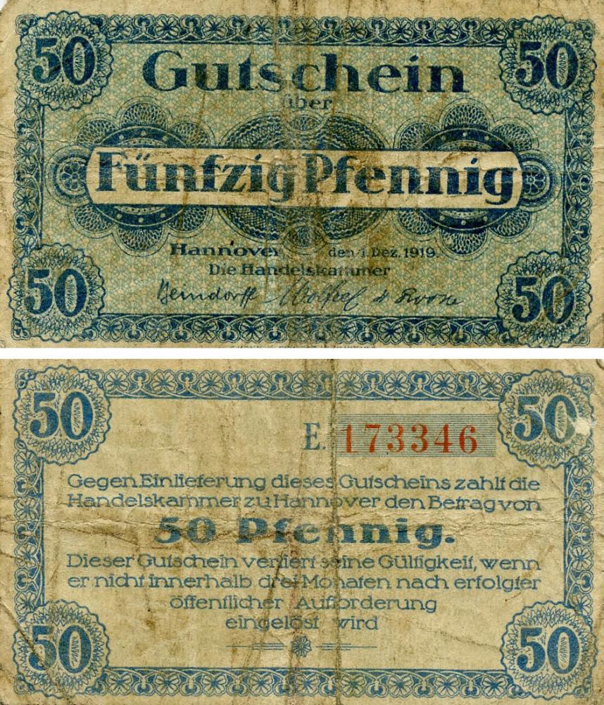 Коллекционная банкнота Германия Нотгельд 50 пфеннигов 1919 F-VF Ганновер Разновидность 2 (Б18723)