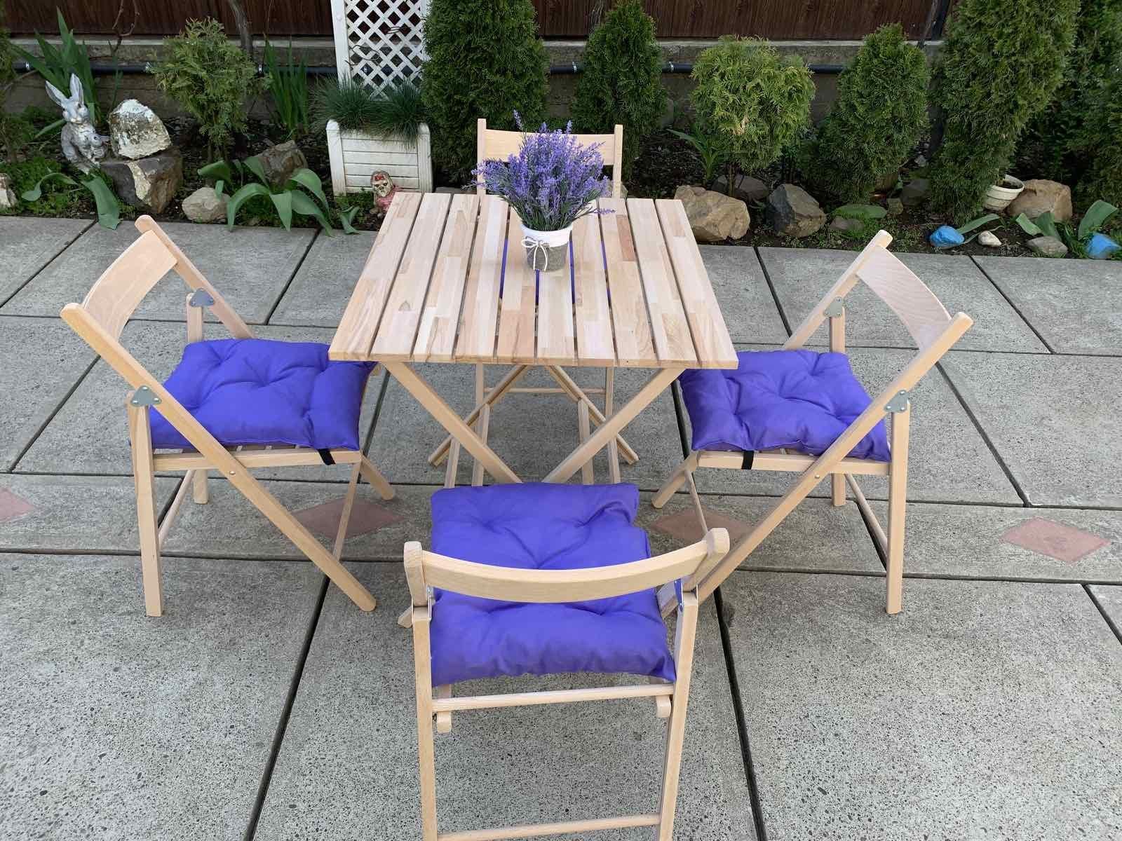Складная мебель для сада Woody 4 складных стула/стол квадратный складной (натуральное дерево бук) цвет Натуральный, цвет подушек Лавандовый