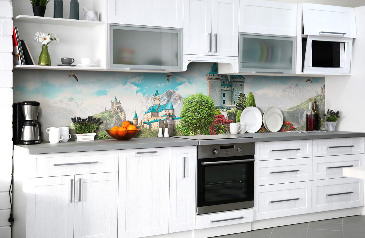 Кухонный фартук Замок с башенками из самоклеющейся виниловой пленки 60х250 см Голубой
