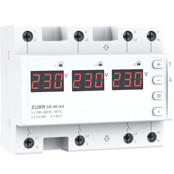Реле напряжения ZUBR D6-40 Red 40А 3-фазное (29011658)
