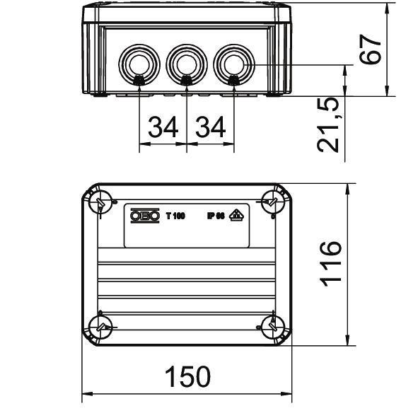 Розподільча коробка OBO bettermann Т100 зовнішня 10 герметичних вводів IP66 PP 150х116х67 мм (2007468) - фото 2