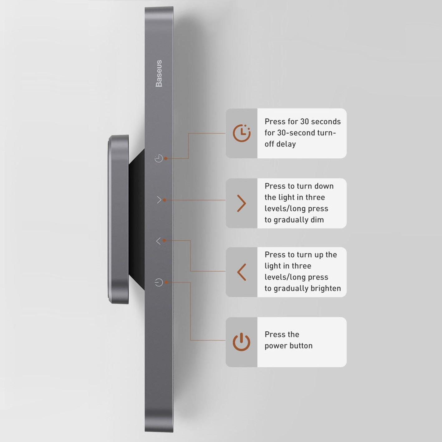 Світильник настінний BASEUS Magnetic Stepless Dimming LED на акумуляторі Dark gray (DGXC-C0G) - фото 6