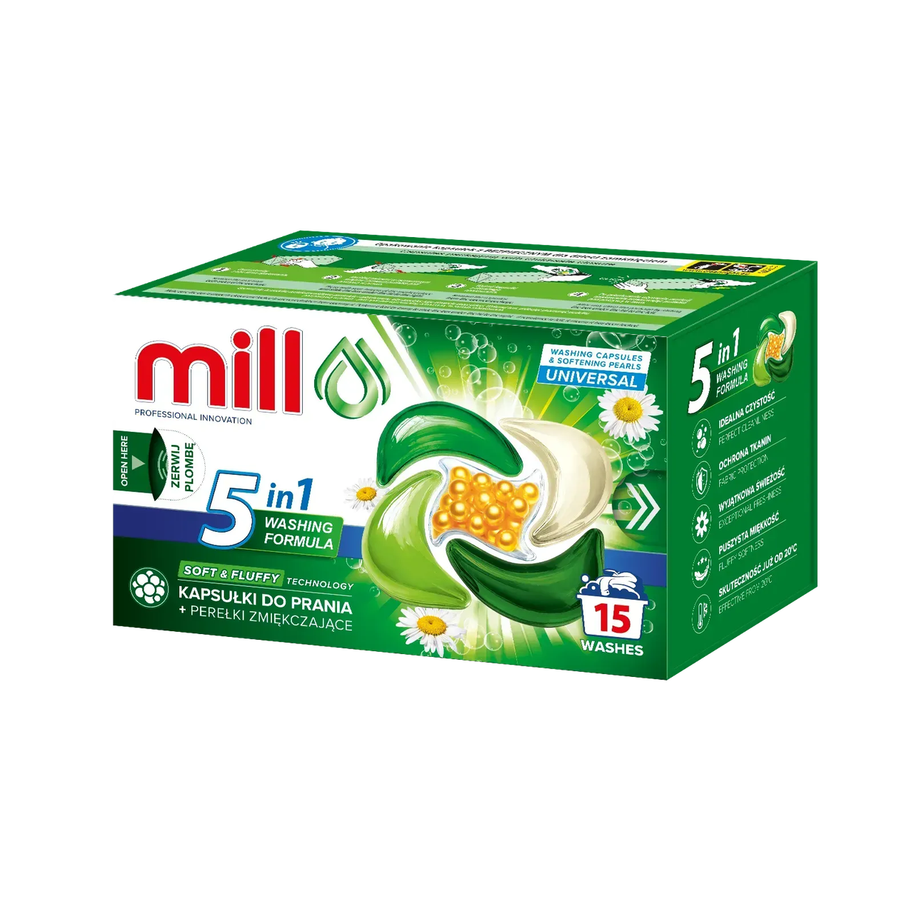 Капсули для прання з пом'якшуючими перлинами MILL UNIVERSAL 5в1 15 шт.