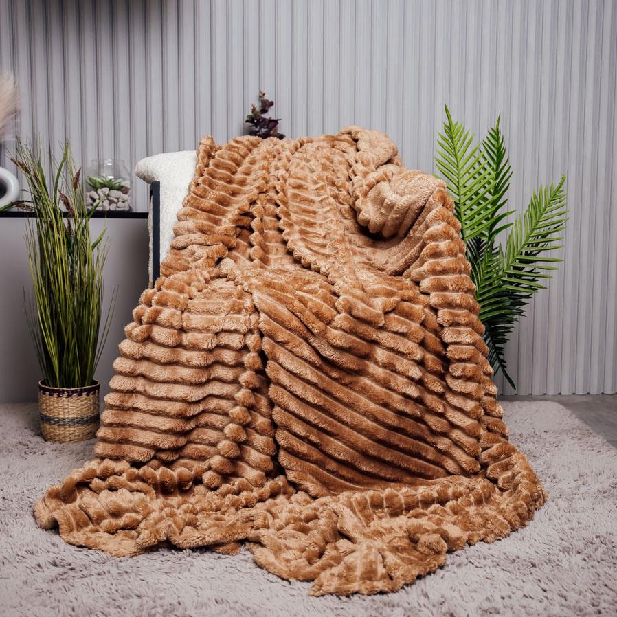 Плед Полоска новый евро Темно-кирпичный/Бежевый (10512)