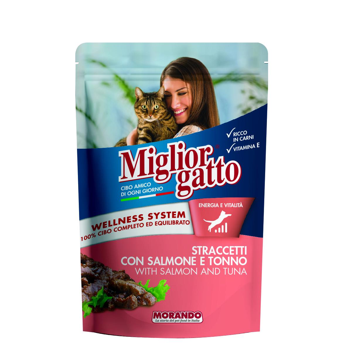 Корм влажный Migliorgatto Pouch для взрослых кошек в виде полосок с лососем и тунцем 100 г