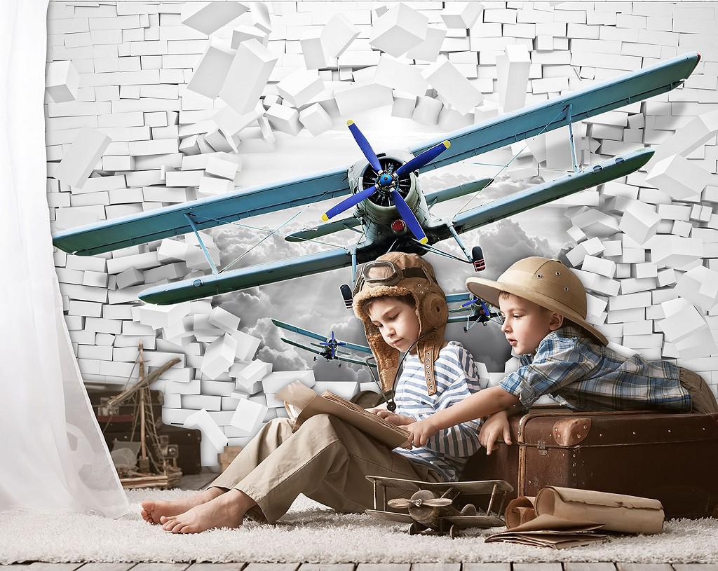 Фотообои Самолет вылетает из стены 3D с клеем 254x184 см (10407P4)