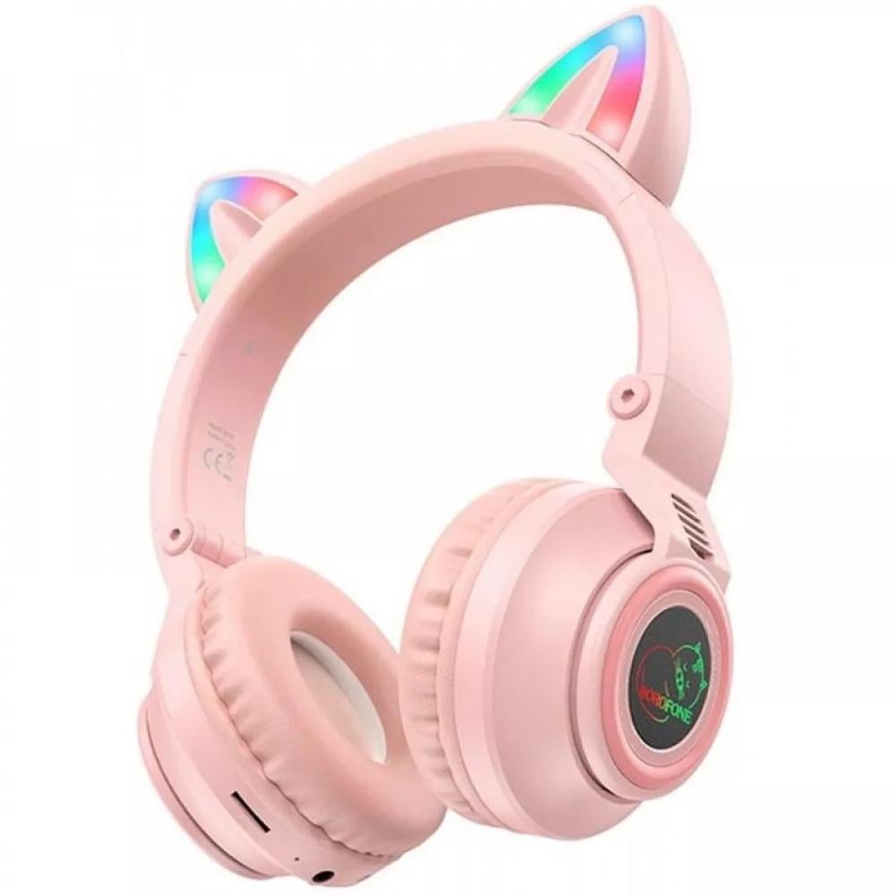 Навушники Bluetooth Borofone котячі вушки бездротові з LED RGB підсвічуванням Рожевий (BO18)