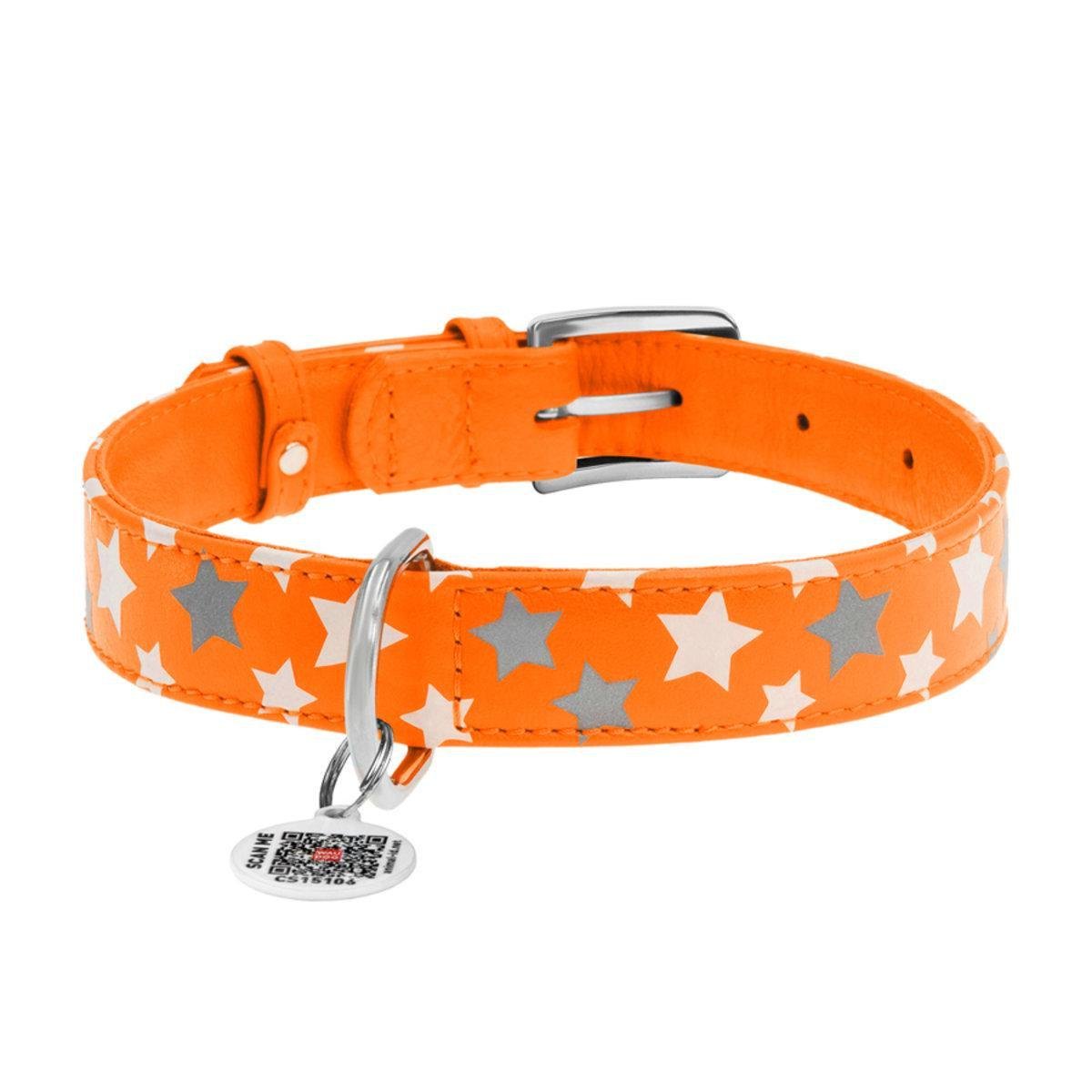 Ошейник для собак кожаный Waudog Glamour Звездочка с QR паспортом/светонакопительный/светоотражающий L 25 мм х 38-49 см Оранжевый (35874 Col)