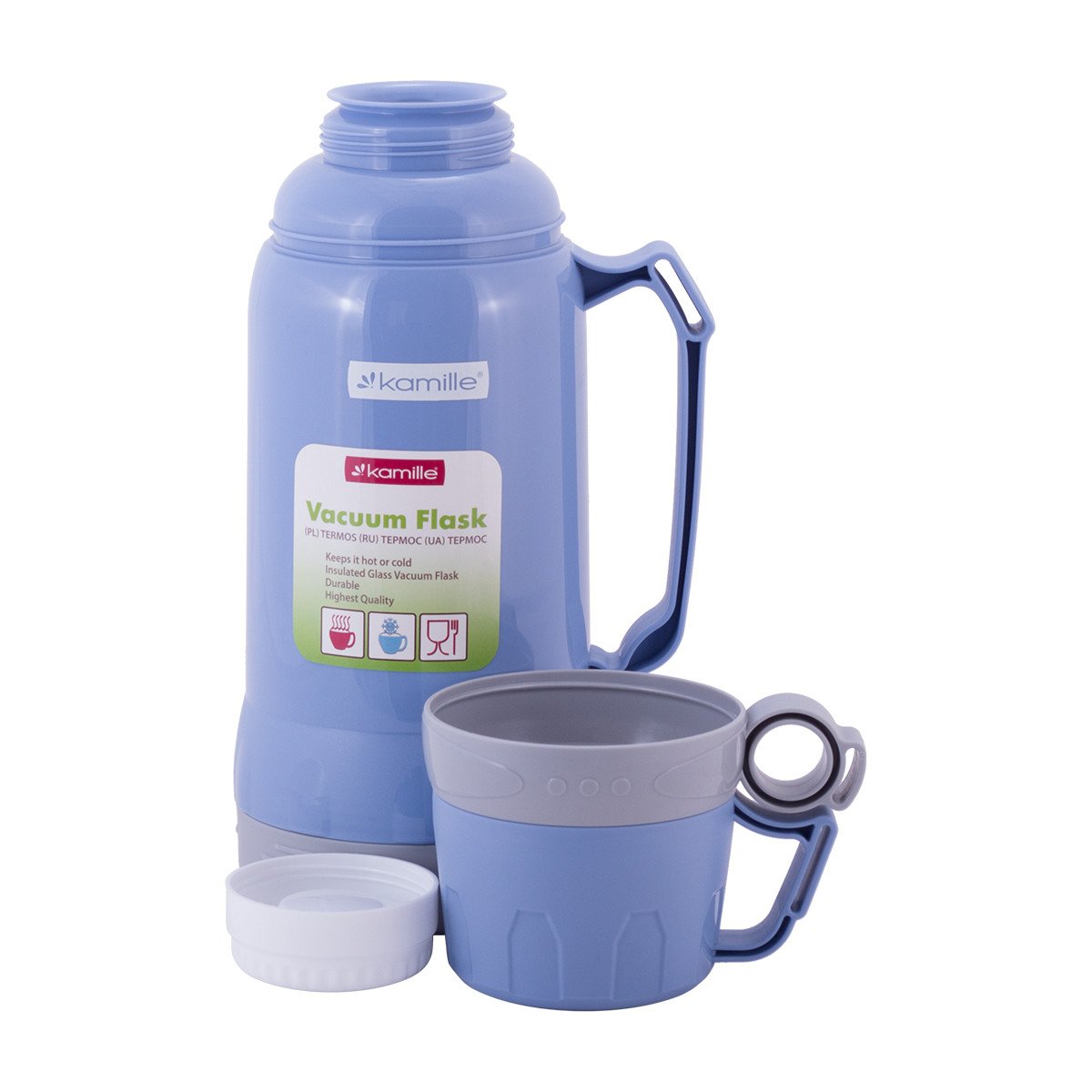 Термос Kamille 1000 мл пластиковый со стеклянной колбой Голубой KM-2023