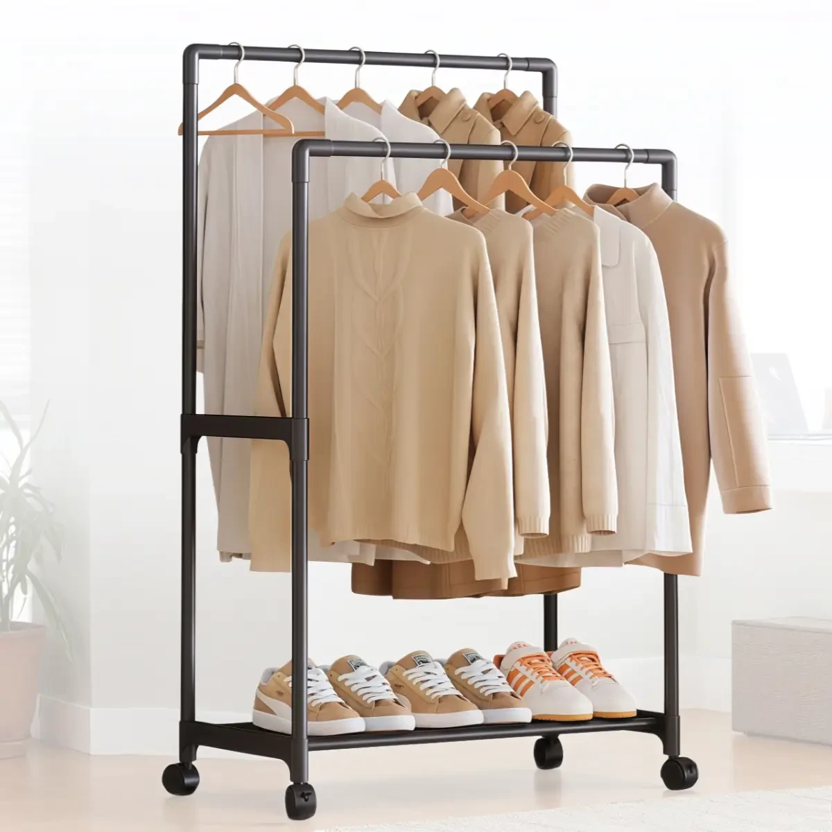 Стойка-вешалка двойная YH9918-1 на колесах с полкой для обуви 112x56x30 см (2761066206)