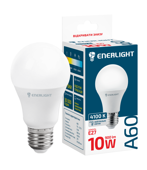 Світлодіодна лампа ENERLIGHT груша 10W 220V 900lm 4100K E27 60х108 мм (A60E2710SMDNFR)