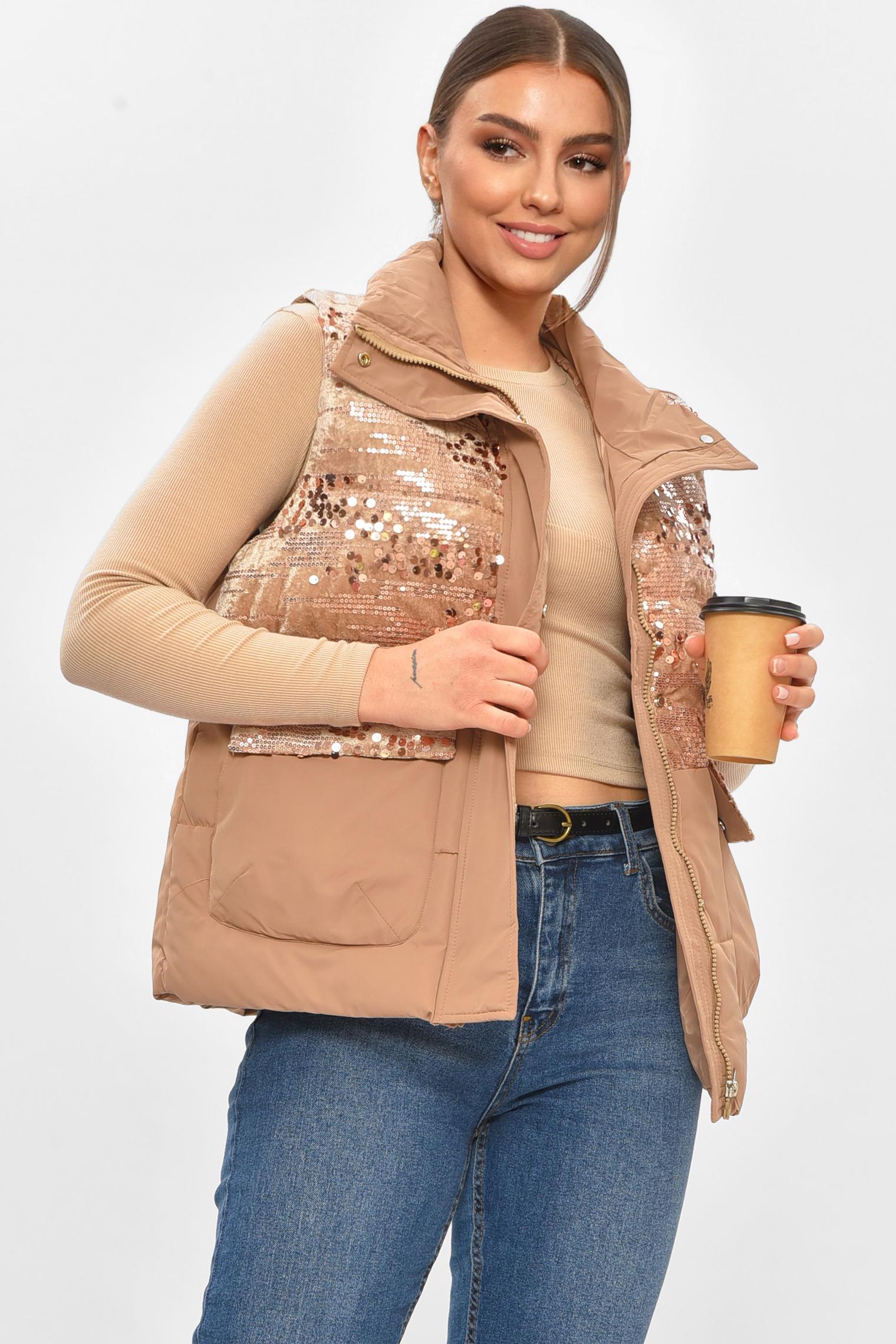Жилетка жіноча однотонна 206132 з паєтками M Темно-бежевий
