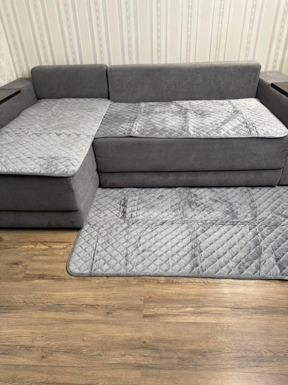 Комплект велюровий покривало на диван 90х210 см/накидки 2 шт. 90х160 см Сірий (П4К-am-divandek-0021) - фото 5