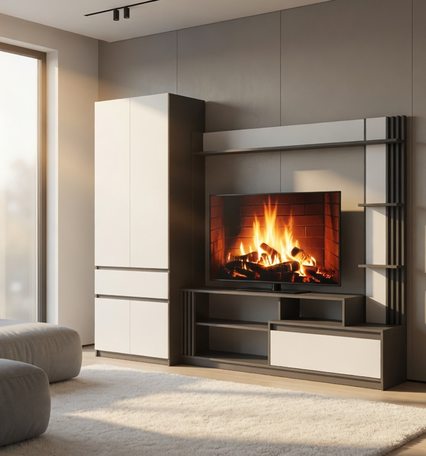 Стінка для ТВ у вітальню з шафою Мастер Форм Брайт лівостороння 2500х520х2000 мм Антрацитовий/Білий (30131)
