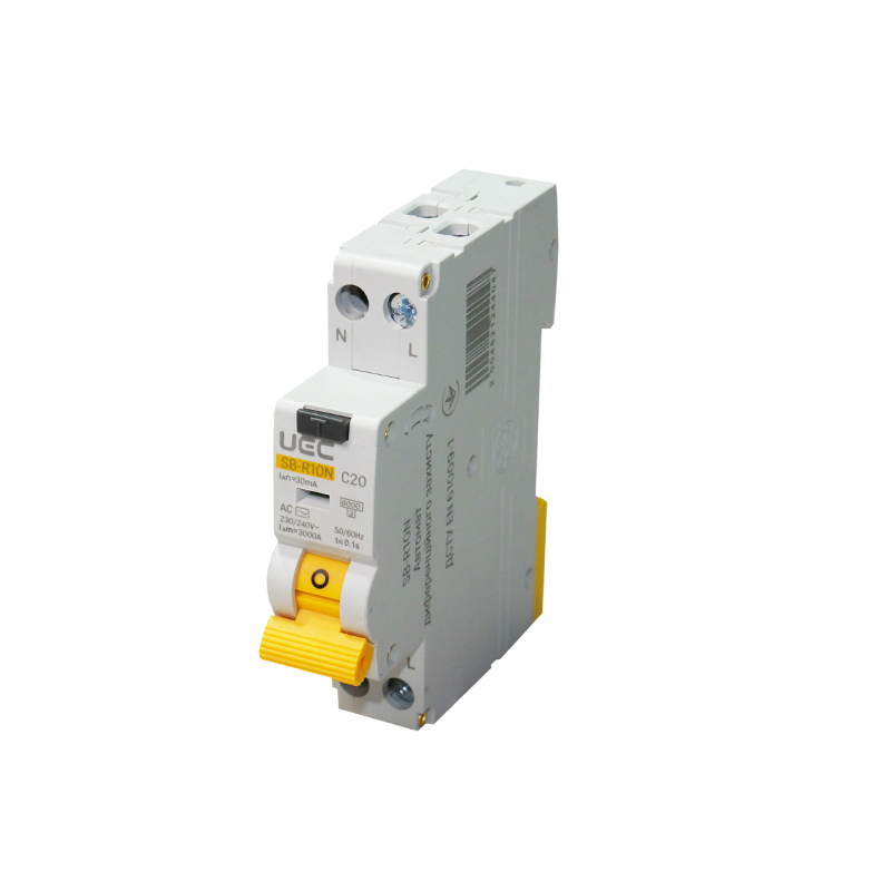 Дифференциальный выключатель UEC SB-R10N 2P 20А 30мА 6кА C тип АС (RCBO-R10N-2-020-C-030-AC)
