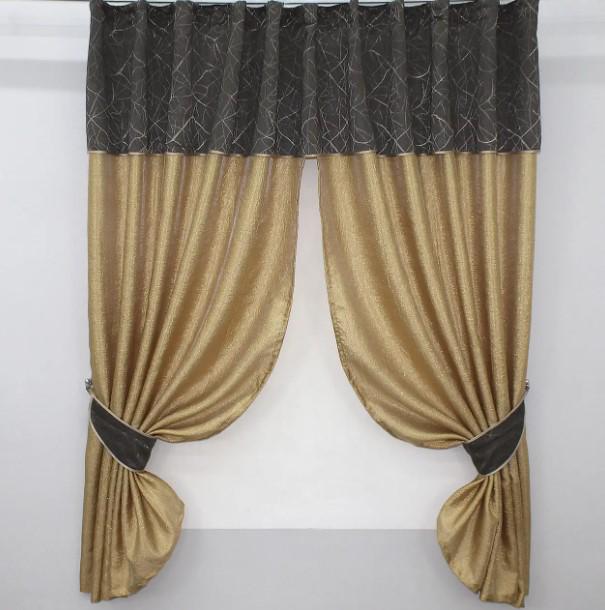 Комплект штор на кухню с ламбрекеном 270х170 см Золотистый/Какао (073к)