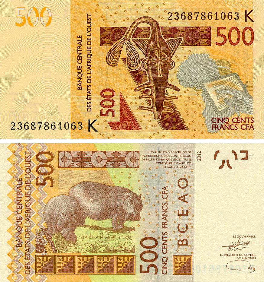 Коллекционная банкнота Западная Африка 500 франков 2012 2023 UNC K Сенегал Бегемот Гипопотам (Pnew)
