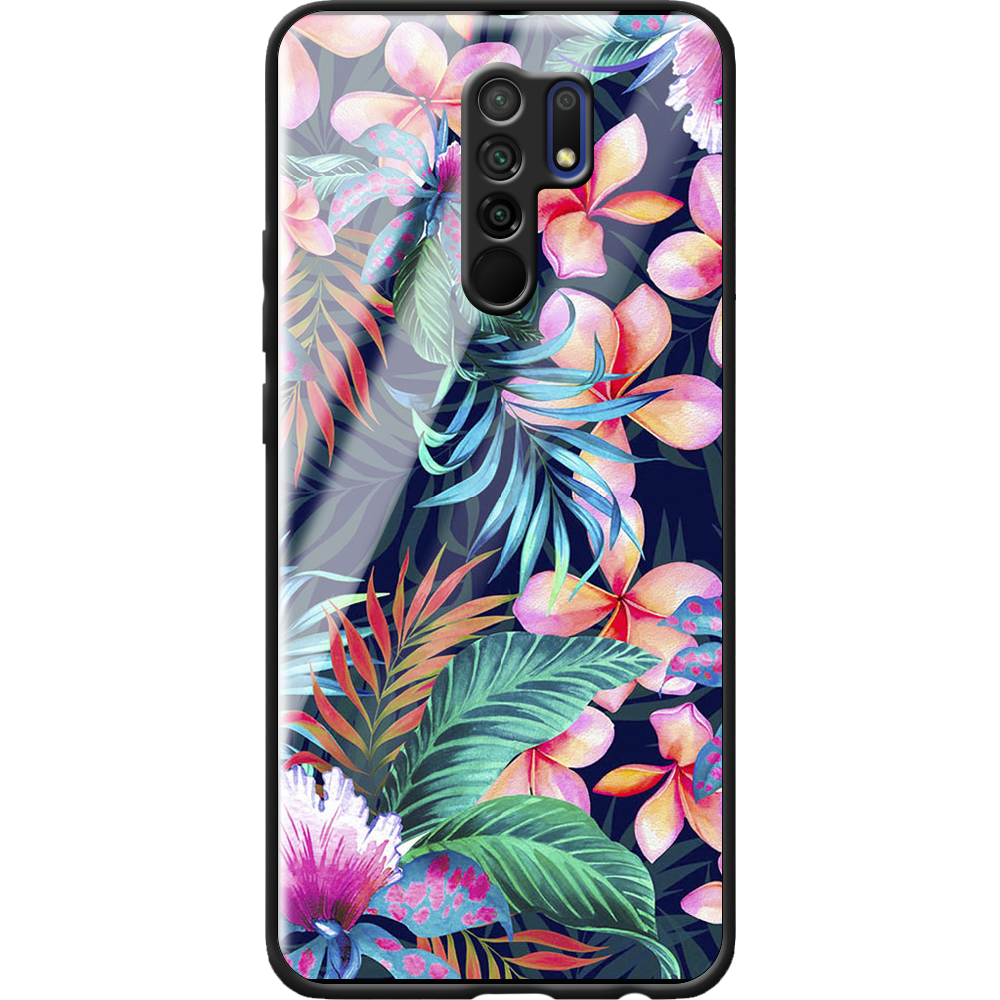 Чохол Boxface Xiaomi Redmi 9 flowers in the tropics Чорний силікон зі склом (40233-up1971-40865)