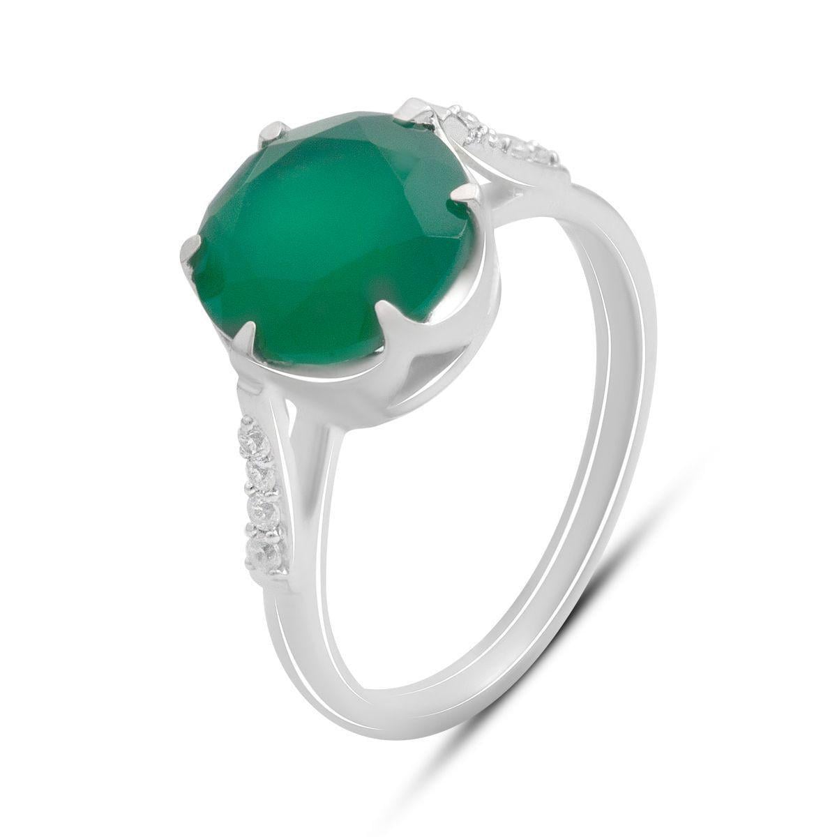 Кольцо серебряное LoveR с овальной вставкой натурального агата насыщенного зеленого цвета и акцентом фианитов