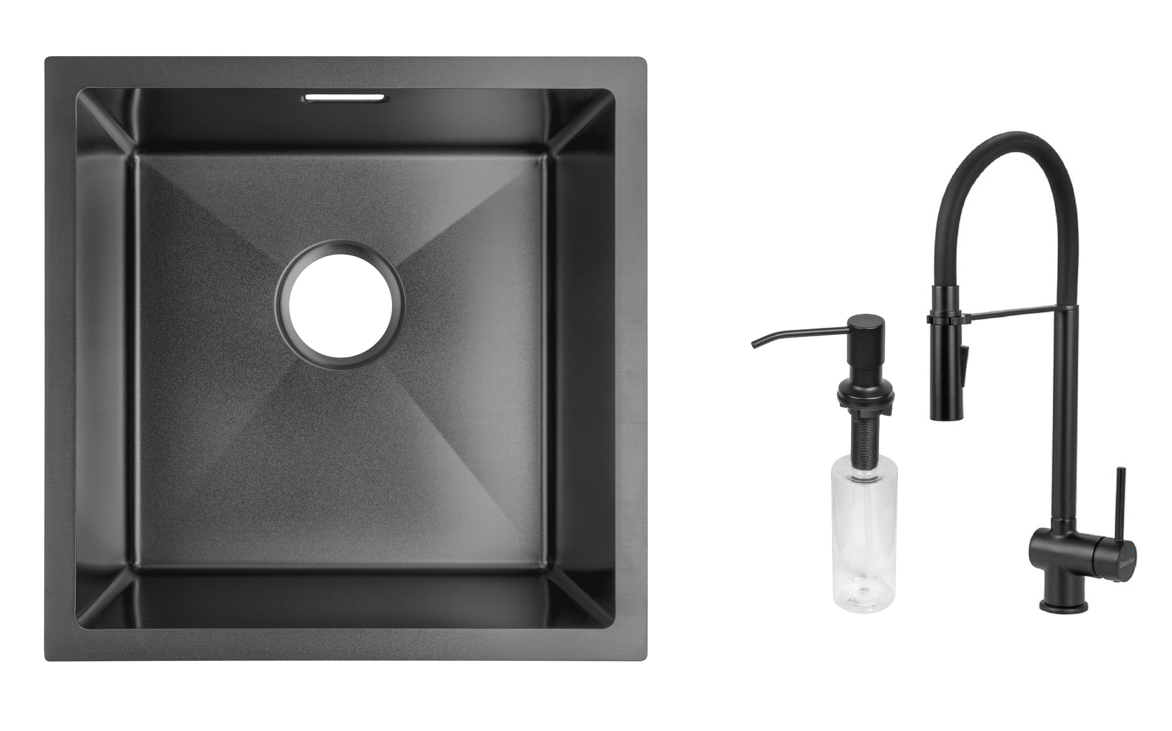 Комплект из кухонной мойки Gunter&Hauer Olef 4522 Black и кухонного смесителя Gunter&Hauer EDEL Black и дозатора Gunter&Hauer SOAP DISPENSER Black