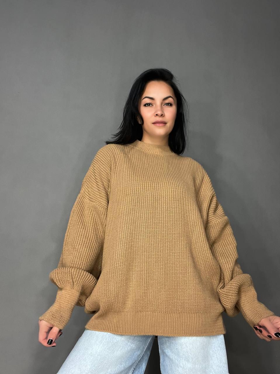Свитер женский MIX RAY 6607 широкий удлиненный OS Карамельный (1036) - фото 5