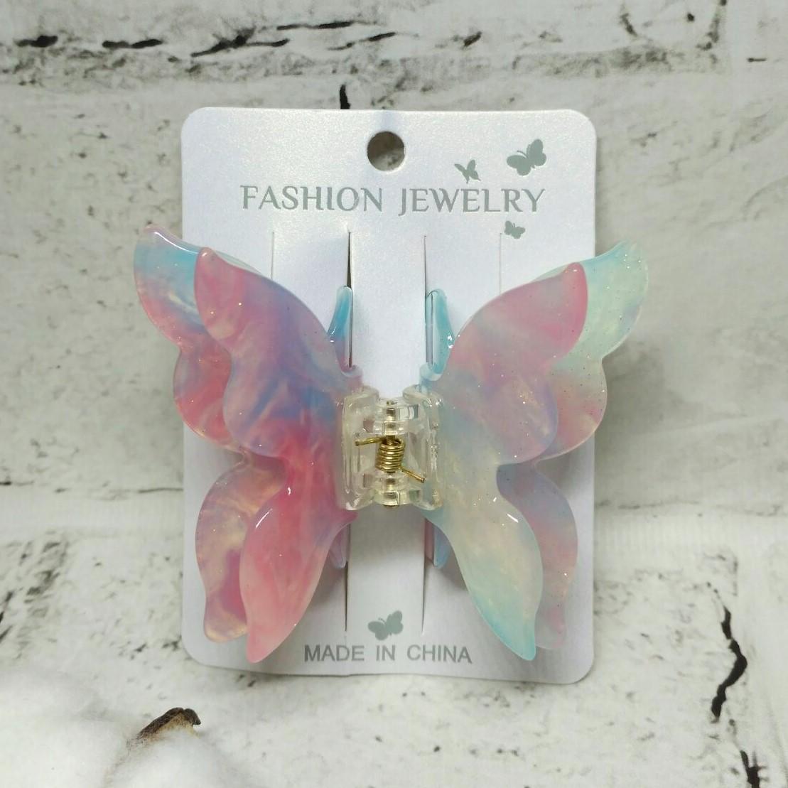 Крабик для волос Бабочка перламутр заколка зажим 8х6,5 см Розовый с голубым (32318-2)