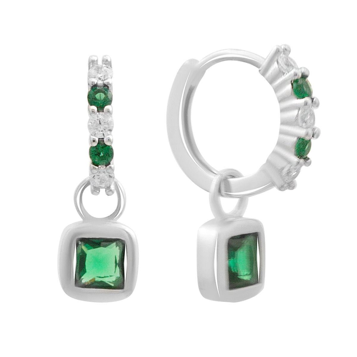 Серебряные серьги-кольца с подвеской из зеленых и прозрачных фианитов