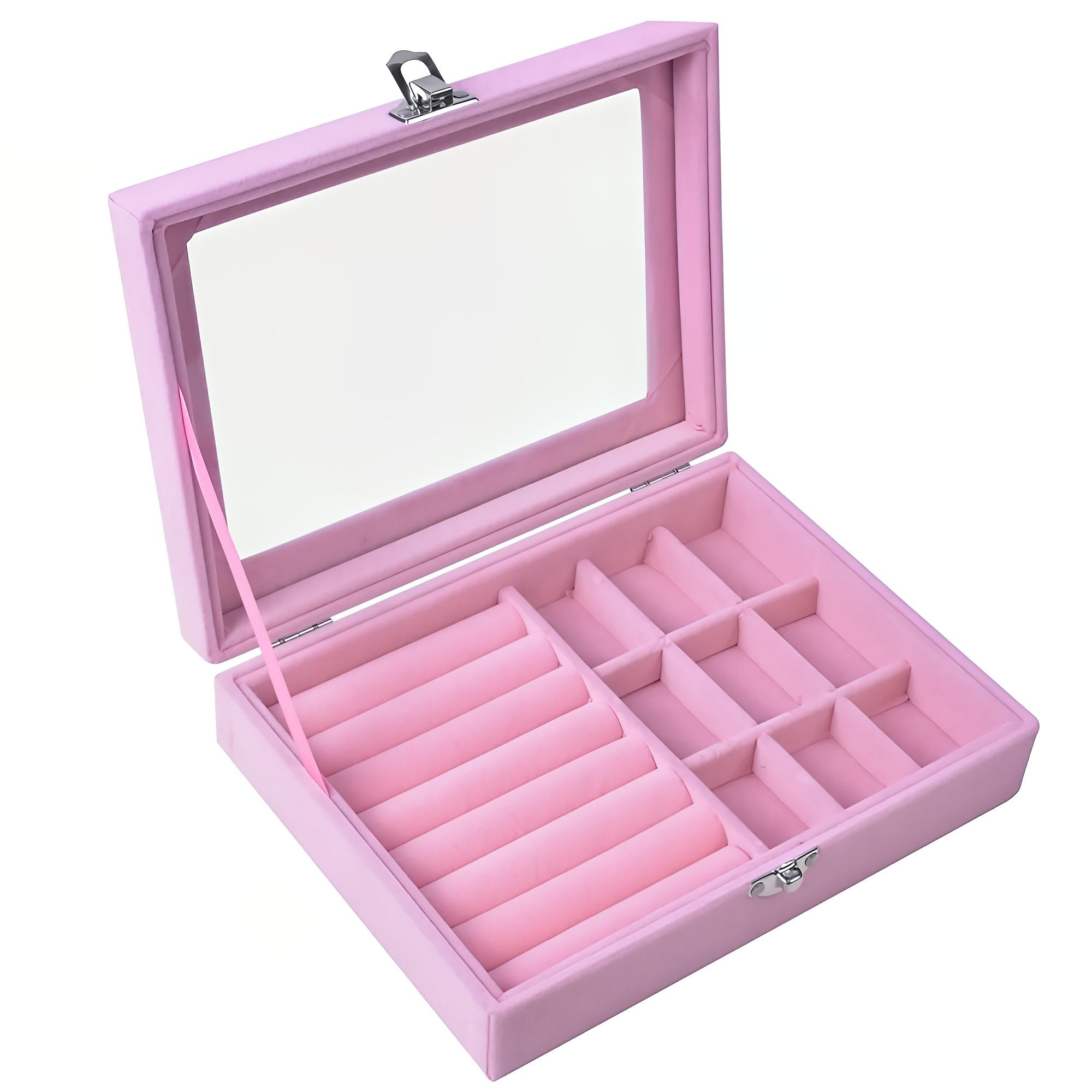 Ящик-органайзер для кольца и серьг с прозрачной крышкой и замком 10 секций Розовый (SHKSKL-PNK-1435)
