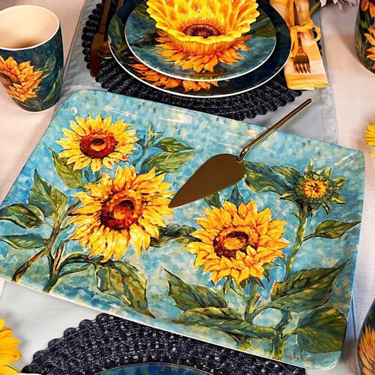 Блюдо керамическое Certified International с рисунком Золотистые подсолнухи 41х30 см Голубой (31448) - фото 3