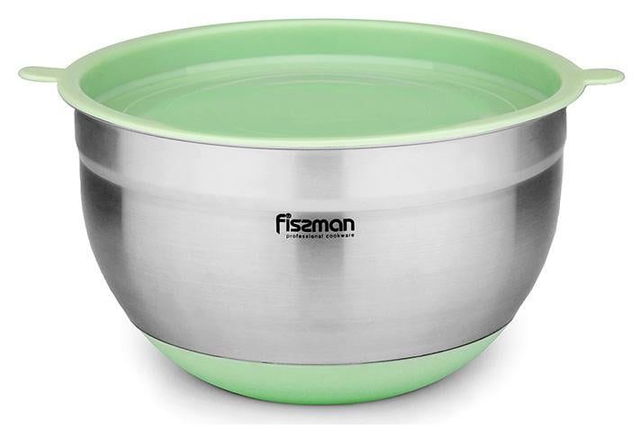 Миска Fissman Mirabelle 3л з нержавіючої сталі з салатовою пластиковою кришкою