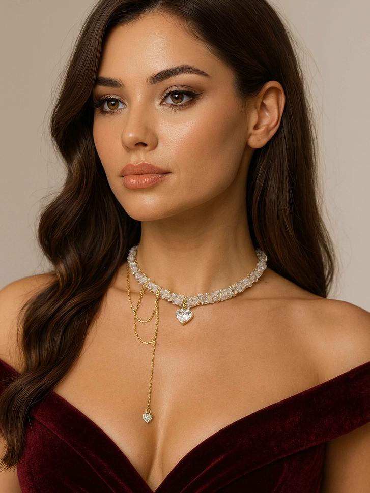 Кольє з мерехтливого кришталю з серцем і ланцюжком (5560) Кольє з мерехтливого кришталю з серцем і ланцюжком (5560)