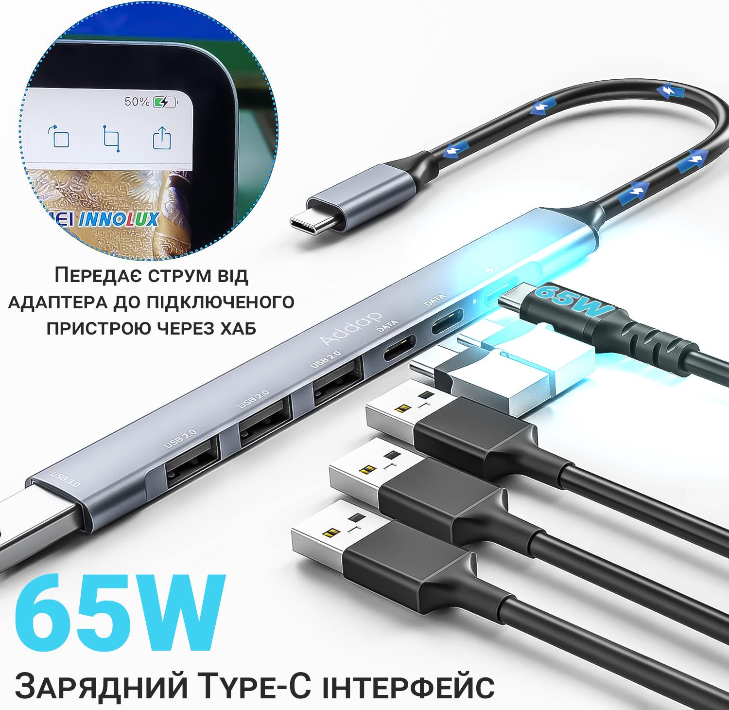 Концентратор/розгалужувач USB Type-C Addap UH-04CS для ноутбука на 7 портів 3хUSB 2.0/1хUSB 3.0/1хType-C - фото 8 Концентратор/розгалужувач USB Type-C Addap UH-04CS для ноутбука на 7 портів 3хUSB 2.0/1хUSB 3.0/1хType-C - фото 8