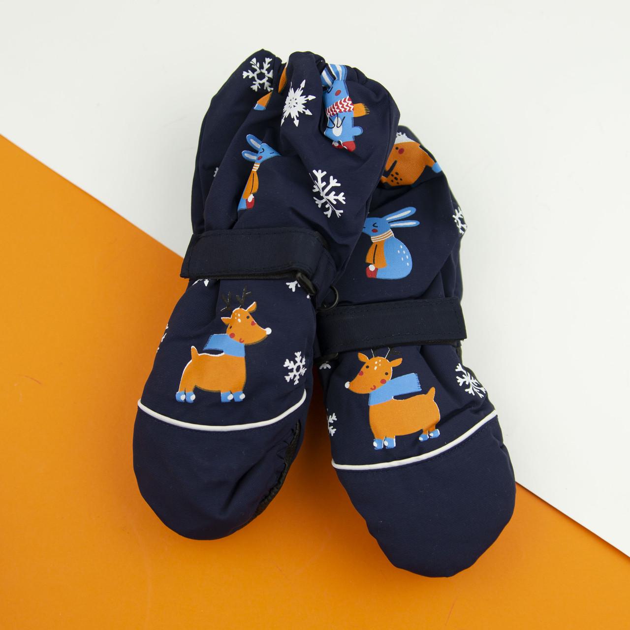 Варежки болоневые лыжные для детей на липучке с оленями на 3 - 4 - 5 лет Синий (22-12-51)