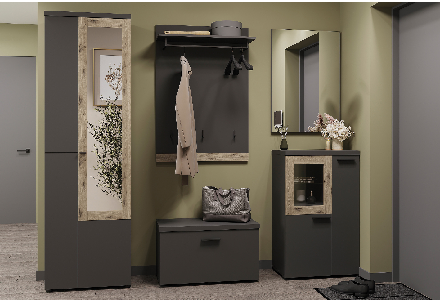 Прихожая Модена Сокме 1950х375х1975 мм Антрацит/Дуб викинг (28308210)