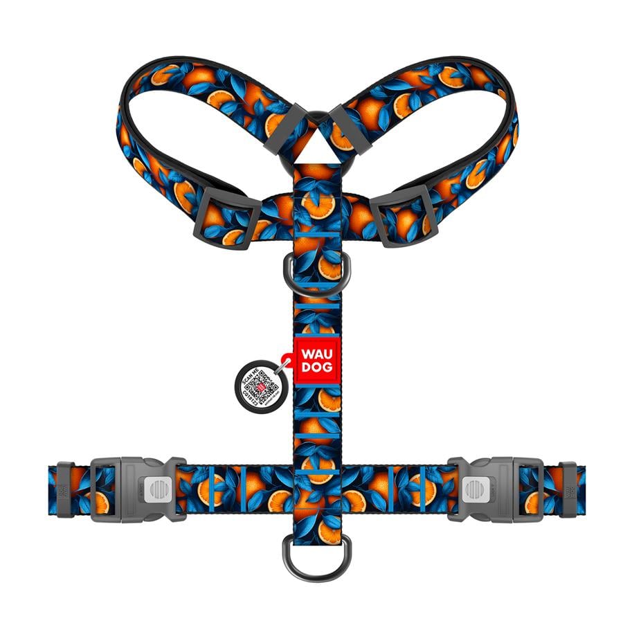 Шлейка для собак с QR-паспортом WAUDOG Nylon Апельсины пластиковый фастекс XL 35 мм A 60-100 см/B 70-100 см Blue (347-4054) - фото 2 Шлейка для собак с QR-паспортом WAUDOG Nylon Апельсины пластиковый фастекс XL 35 мм A 60-100 см/B 70-100 см Blue (347-4054) - фото 2