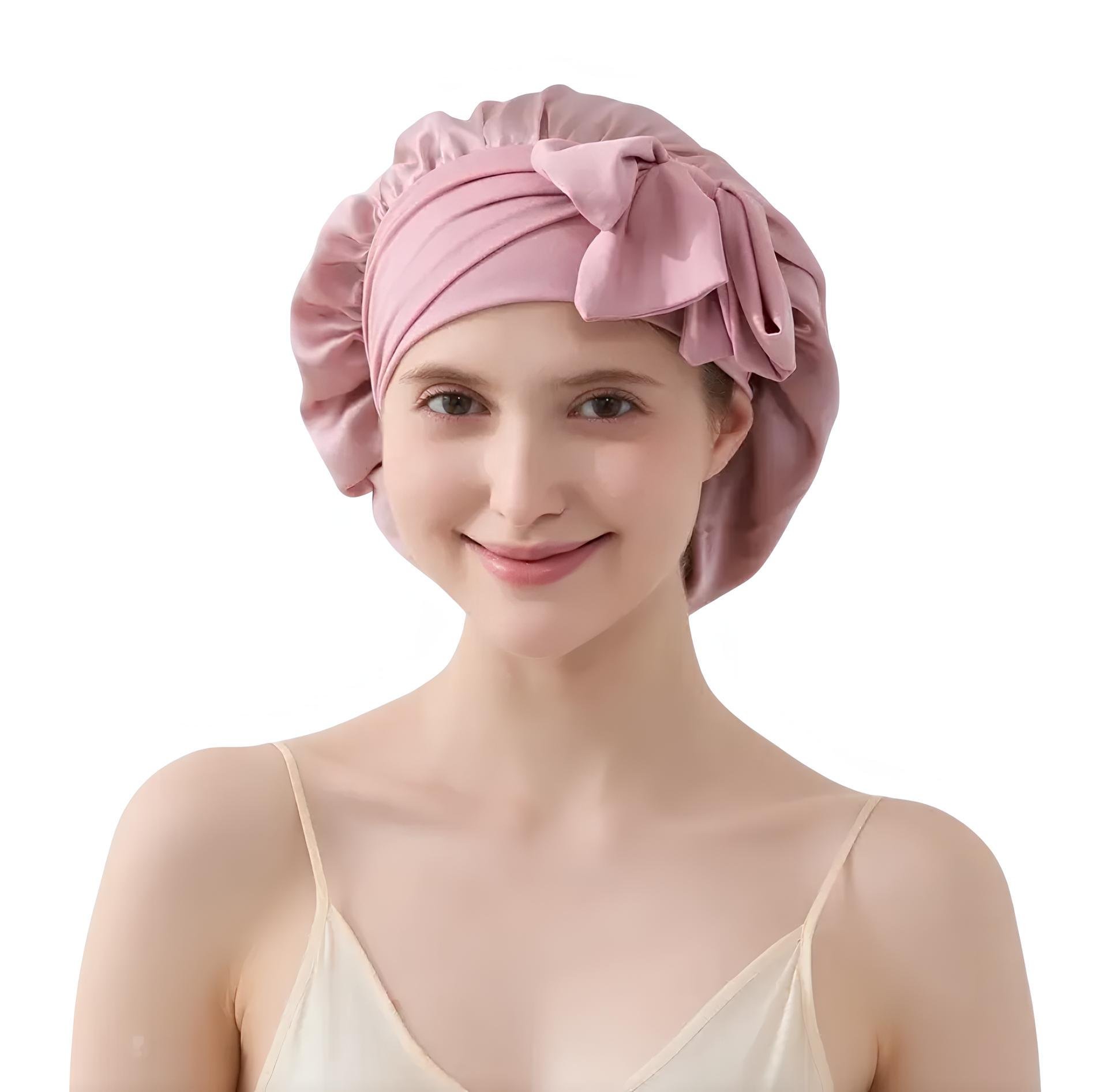 Шапка для сна женская большого размера 100% шелк мульбери с регулируемой резинкой и бантом Розовый (3355111)