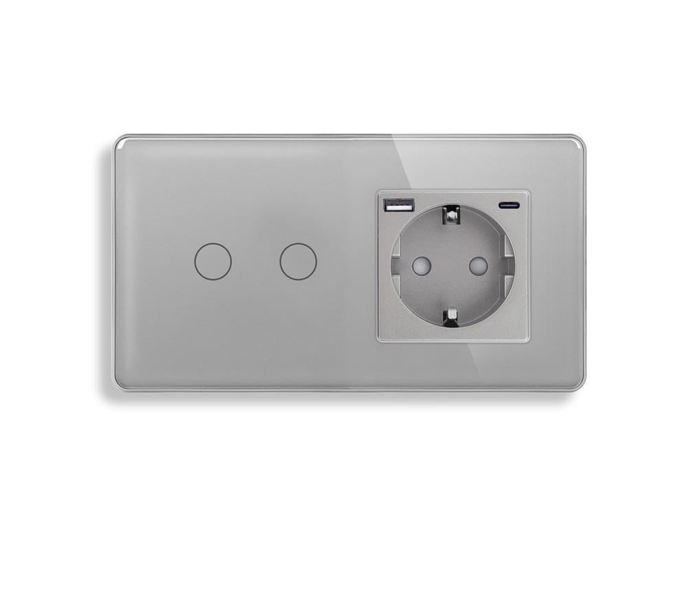 Выключатель сенсорный ELIOS двойной USB A+C 20Вт 16 А 230 В с заземлением/шторками стекло Серый