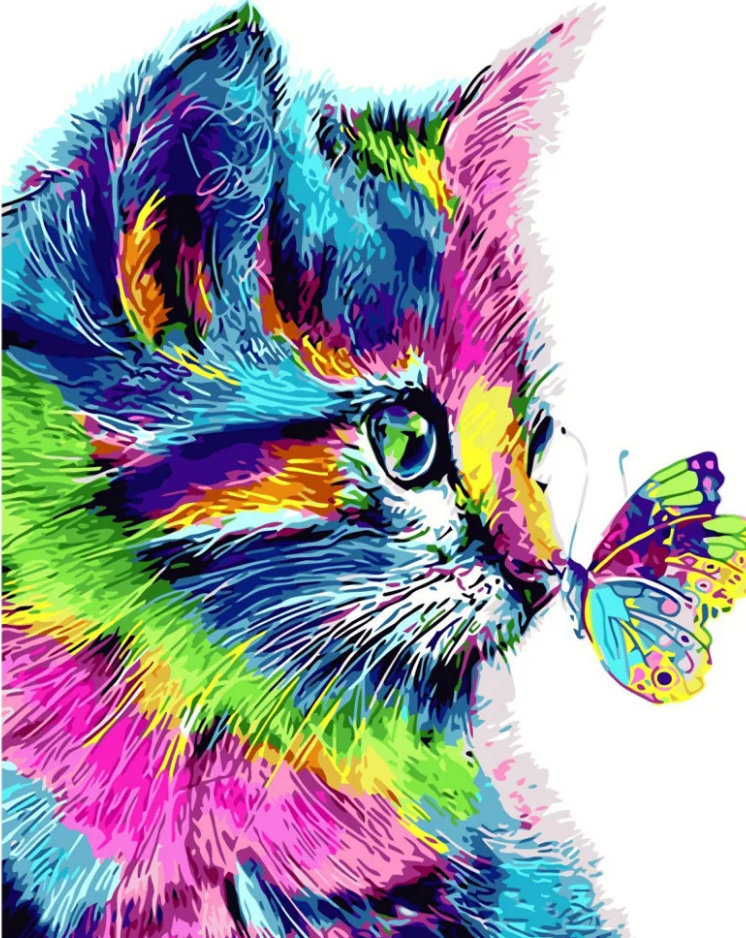 Картина по номерам Strateg Премиум Цветной кот с бабочкой с лаком и уровнем 40x50 см (VA-2148)