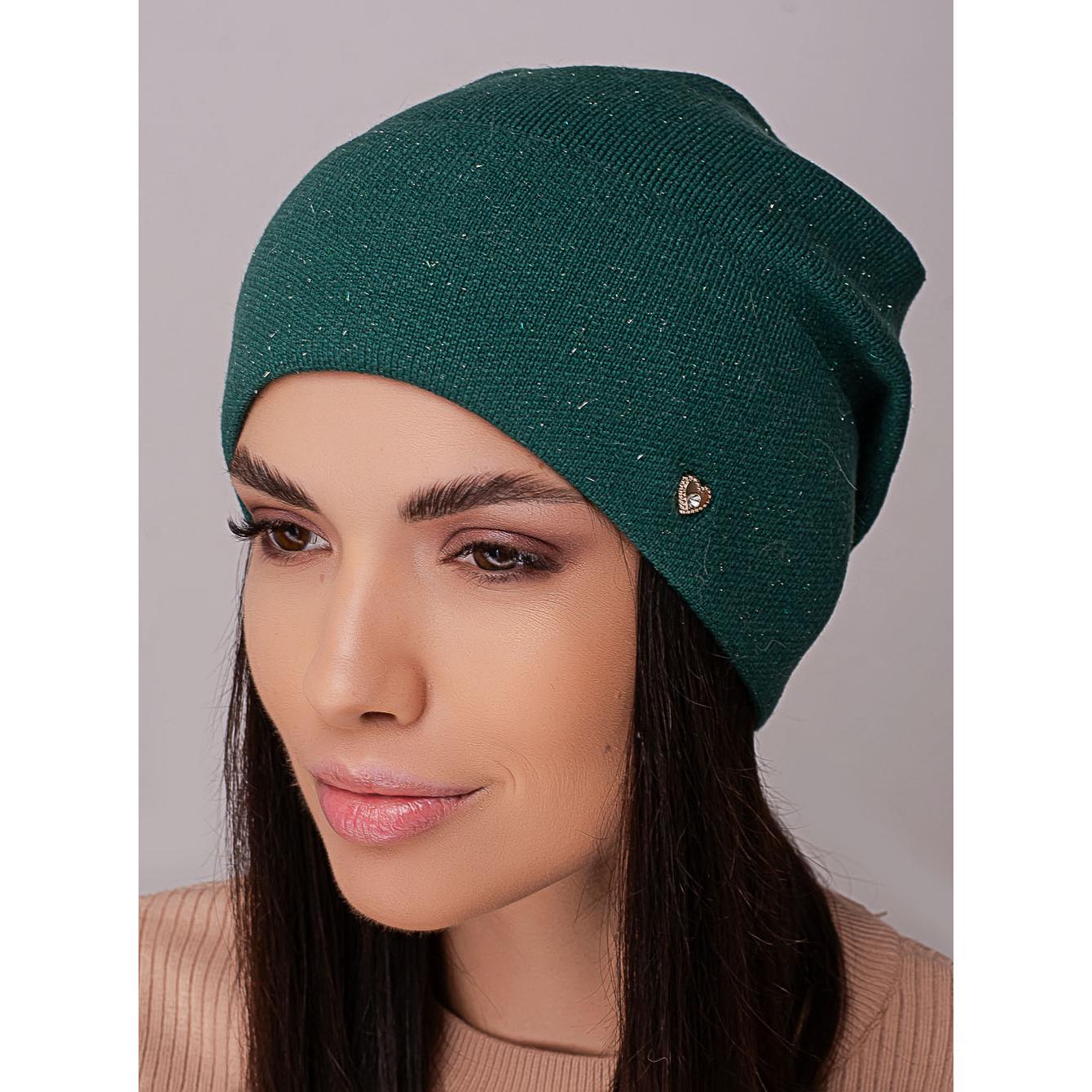 Шапка женская Leks ИНДИГО без подкладки шерстяная с отворотом гладкого вязания one size Изумрудный (215442) - фото 1