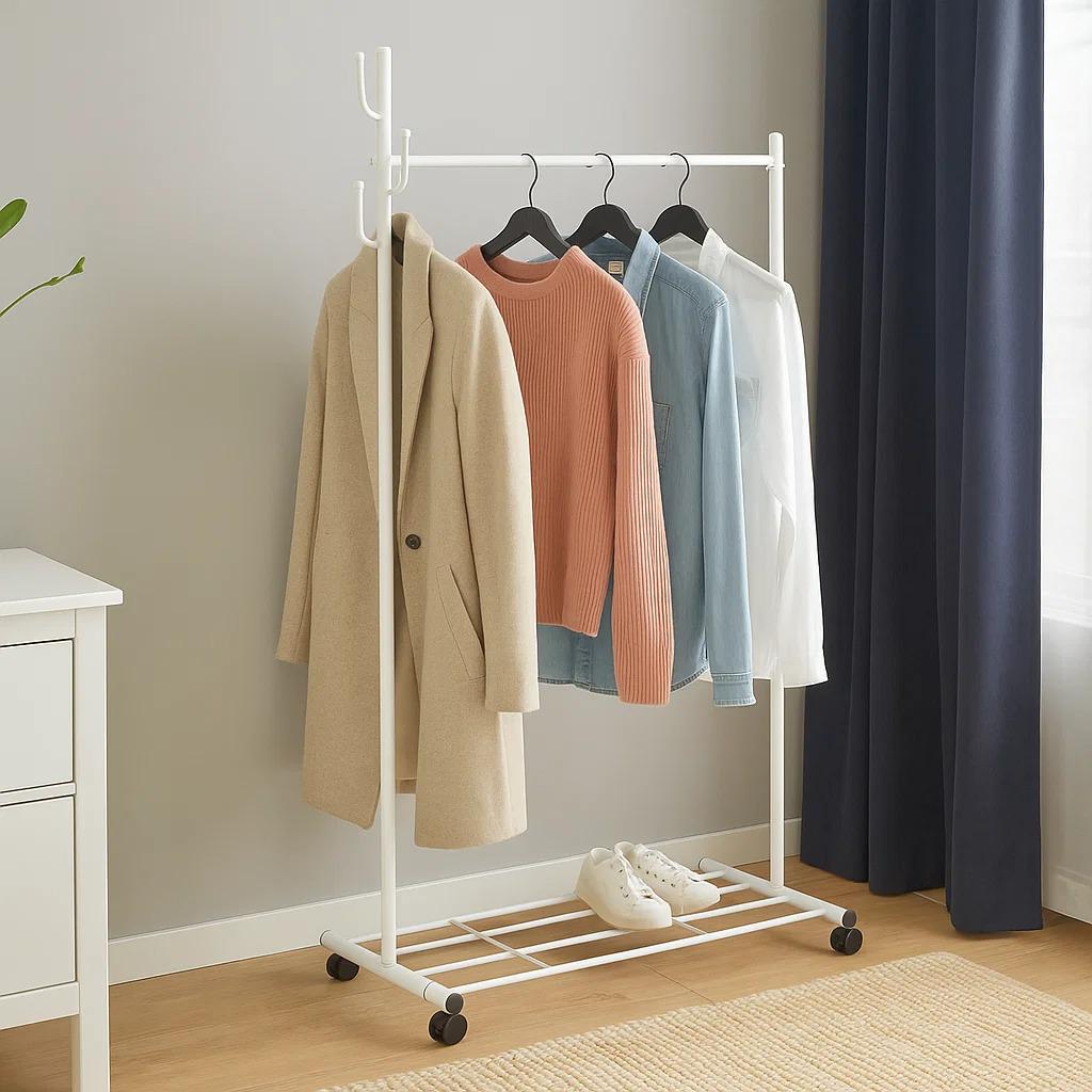 Вешалка для одежды передвижная металлическая со стойкой для тремпелей и крючков