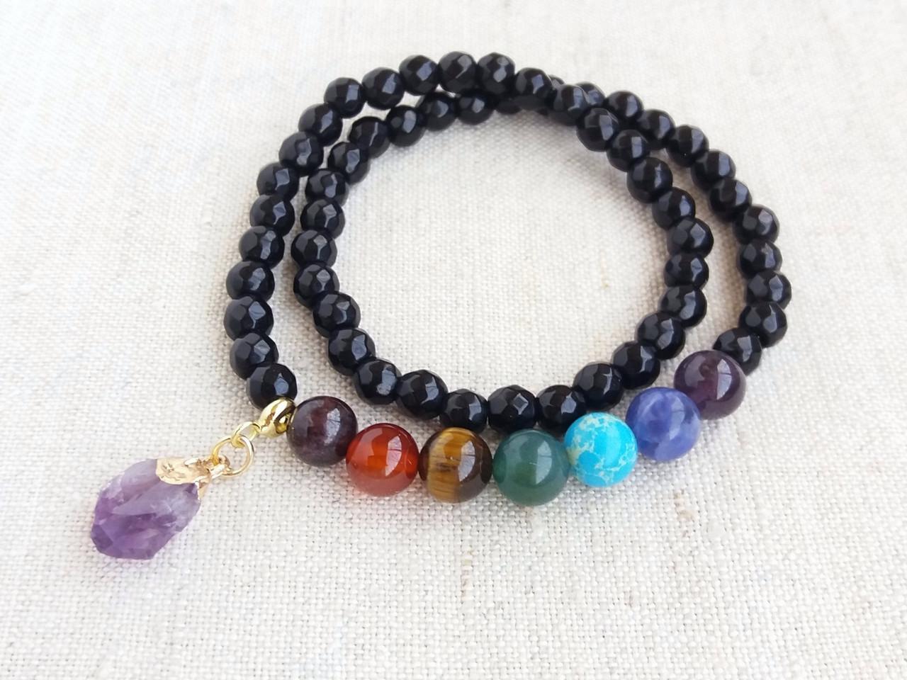 Браслет 7 чакр Аметист двухслойный с подвеской (1888366145)